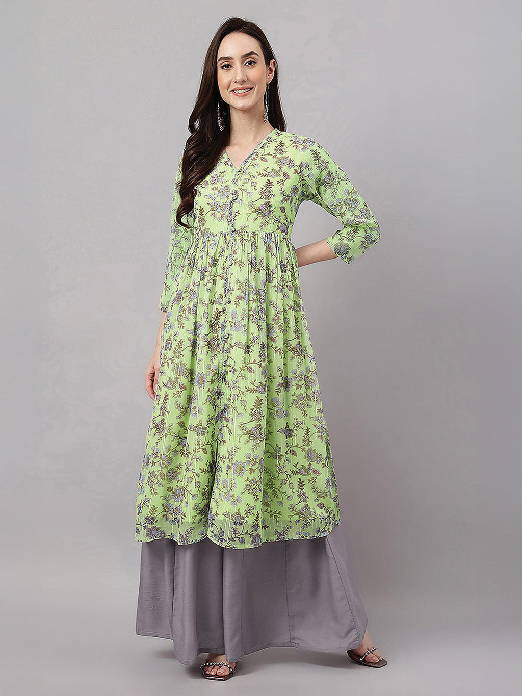 Janasya Lime Green A-Line Chiffon Lurex Kurta | Grocsy