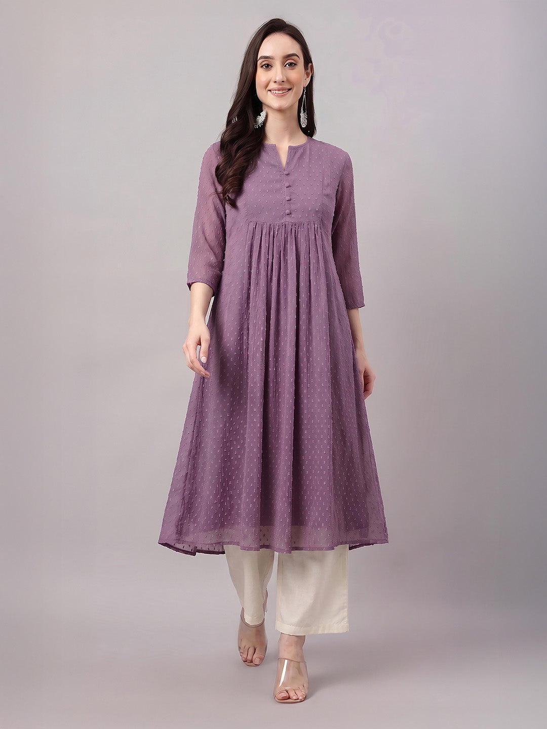 Janasya Lavender A-Line Dobby Chiffon Kurta | Grocsy