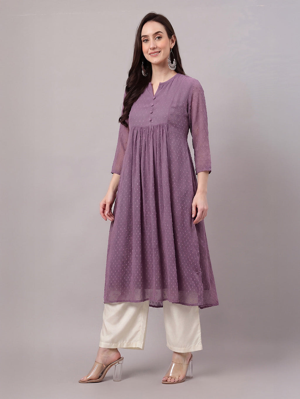 Janasya Lavender A-Line Dobby Chiffon Kurta | Grocsy