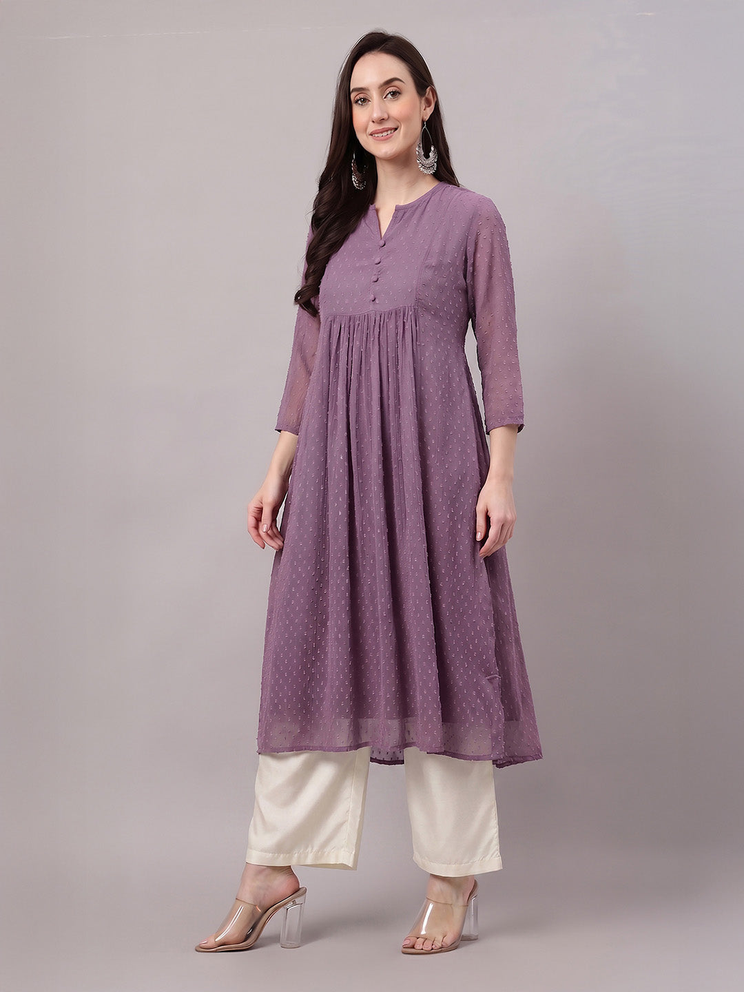 Janasya Lavender A-Line Dobby Chiffon Kurta | Grocsy