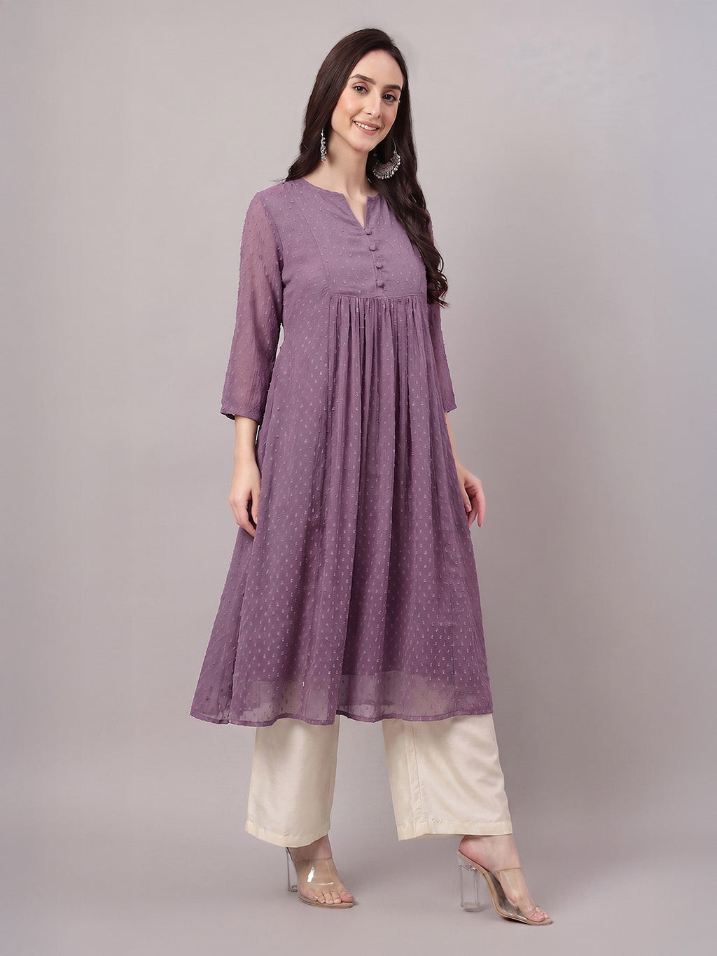 Janasya Lavender A-Line Dobby Chiffon Kurta | Grocsy