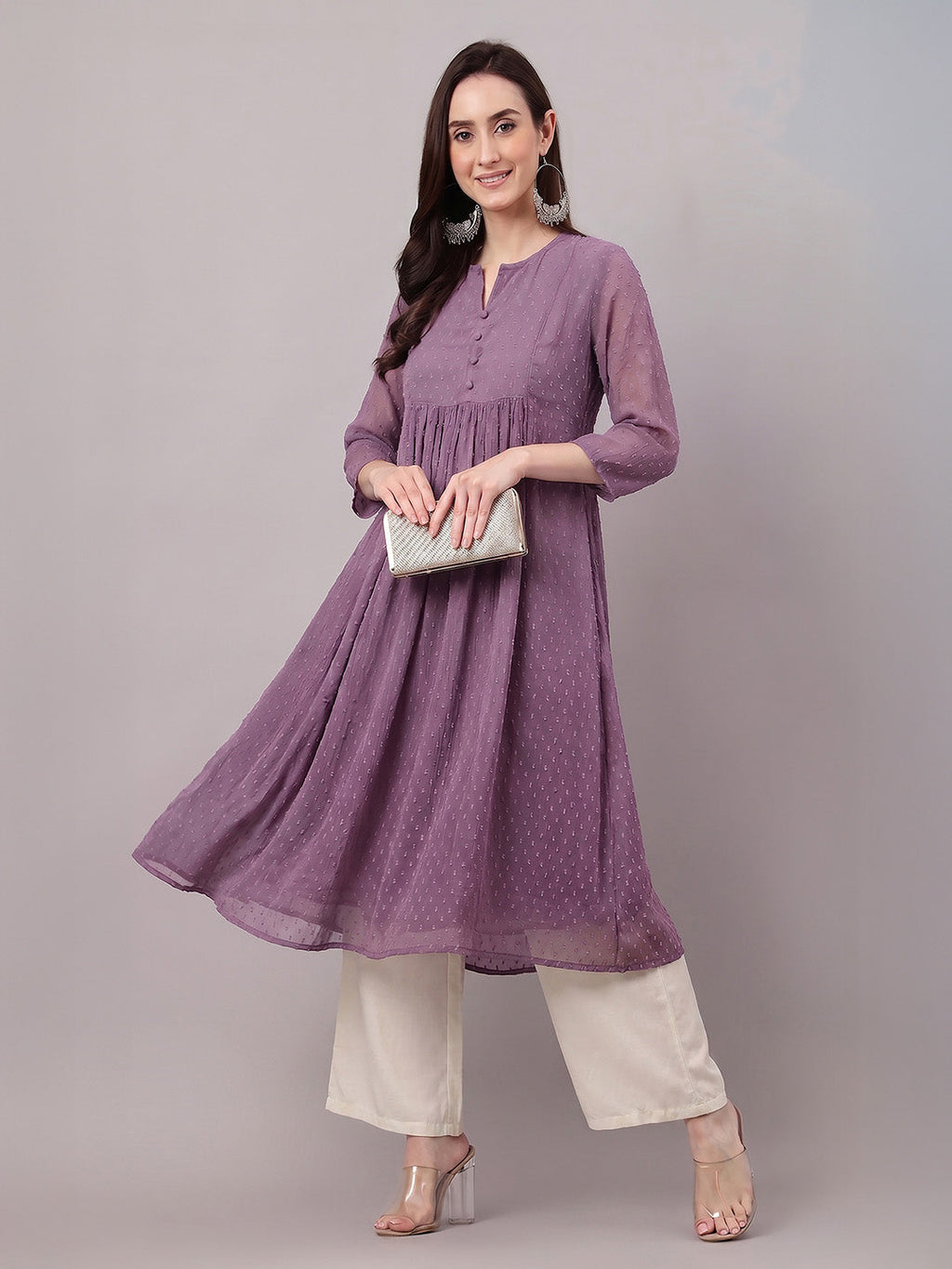 Janasya Lavender A-Line Dobby Chiffon Kurta | Grocsy