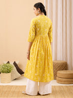 Janasya Yellow A-Line Cotton Kurta | Grocsy