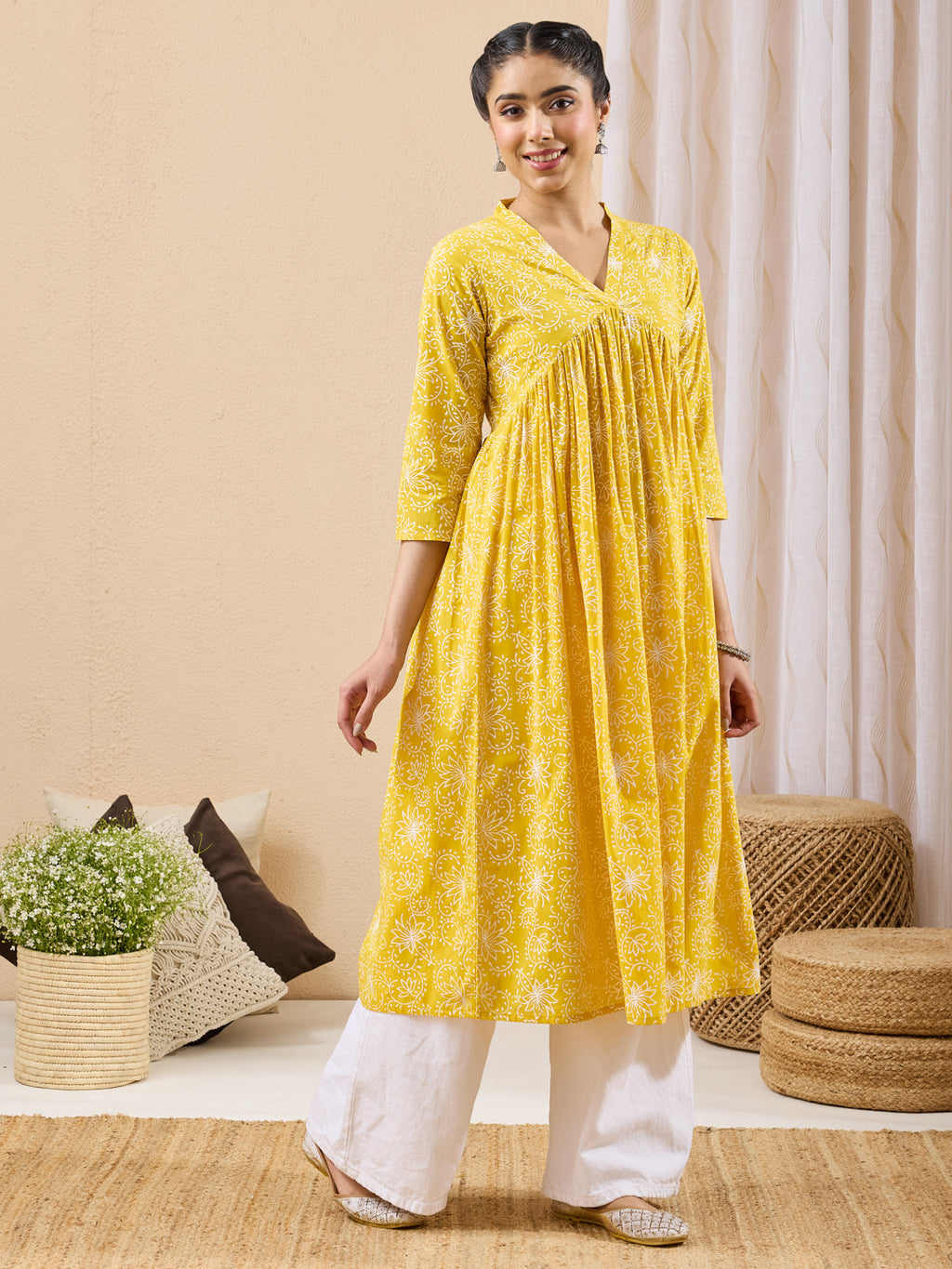 Janasya Yellow A-Line Cotton Kurta | Grocsy
