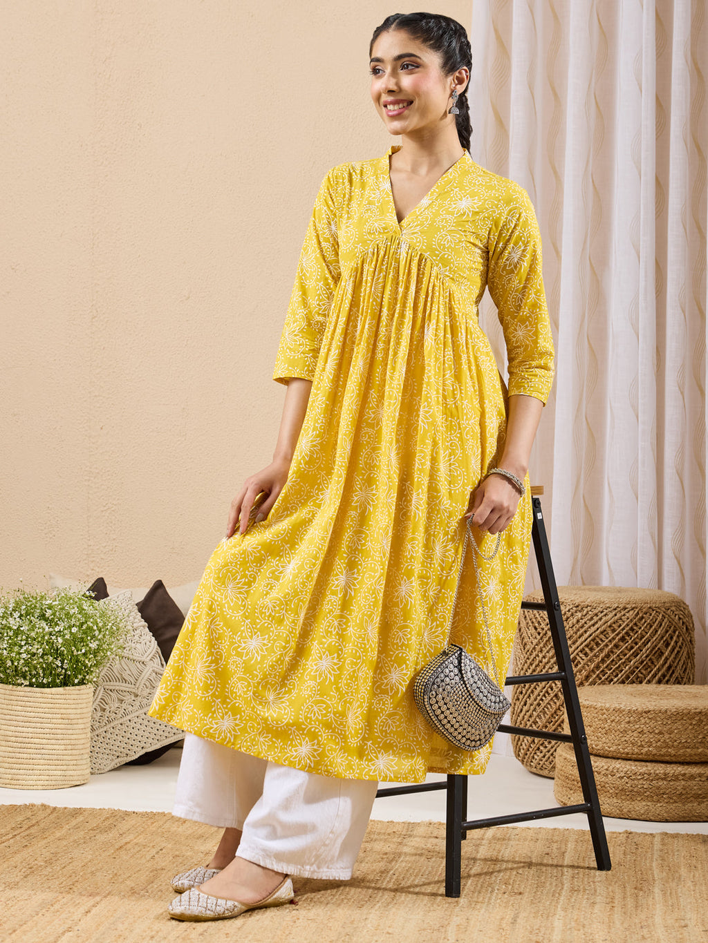 Janasya Yellow A-Line Cotton Kurta | Grocsy
