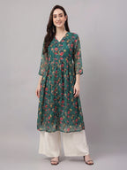Janasya Bottle Green A-Line Chiffon Lurex Kurta | Grocsy
