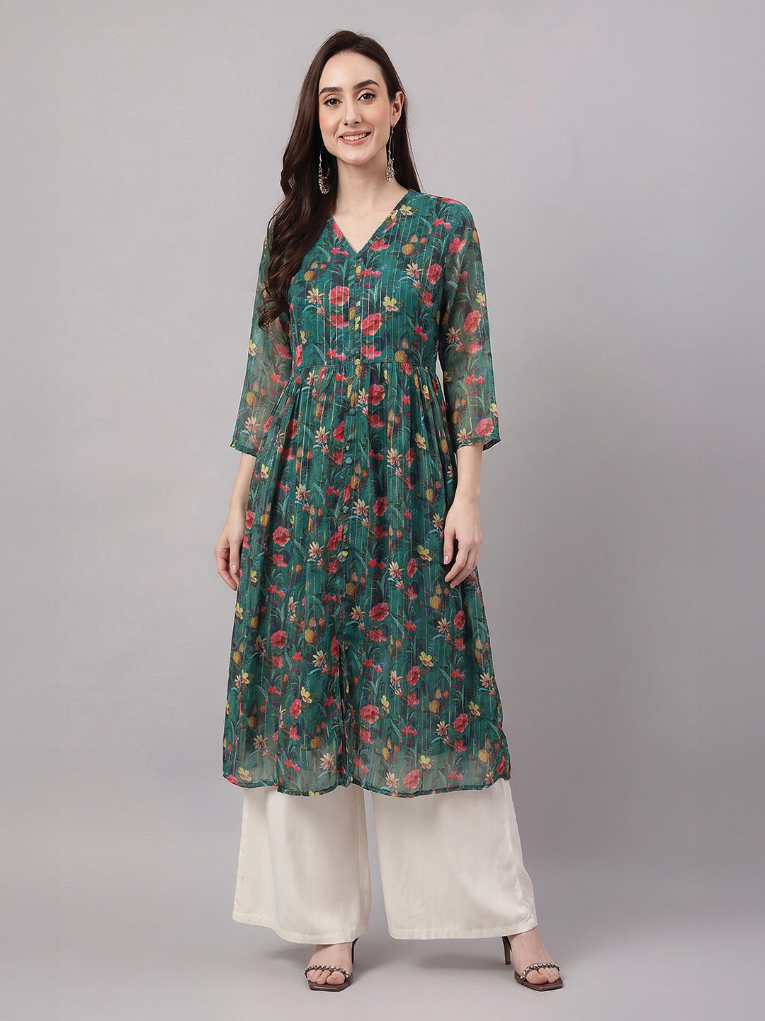 Janasya Bottle Green A-Line Chiffon Lurex Kurta | Grocsy