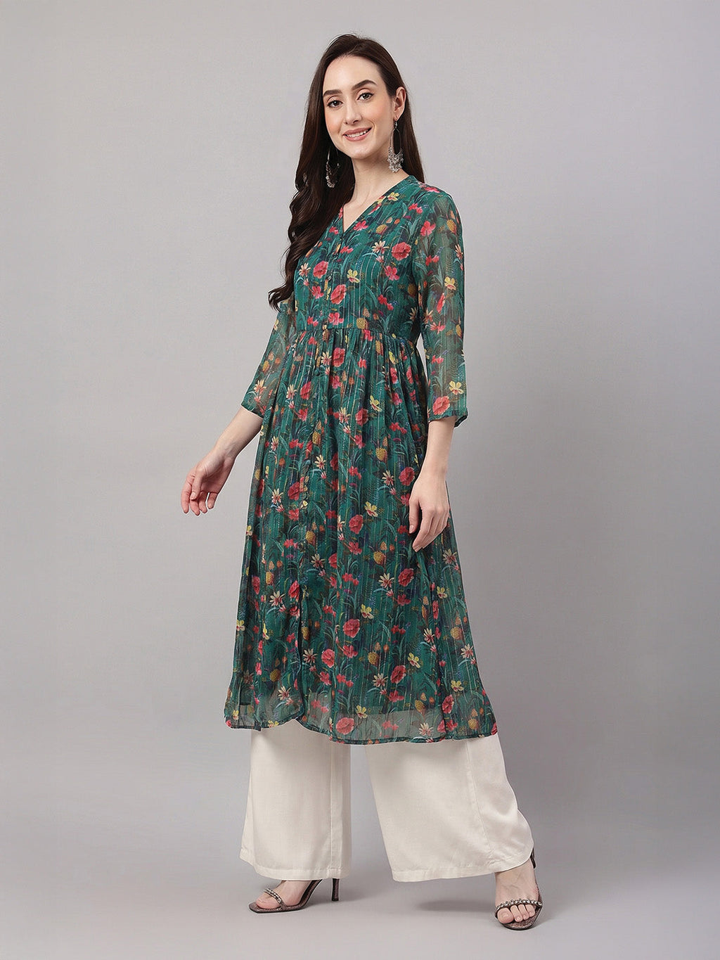 Janasya Bottle Green A-Line Chiffon Lurex Kurta | Grocsy