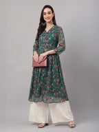 Janasya Bottle Green A-Line Chiffon Lurex Kurta | Grocsy