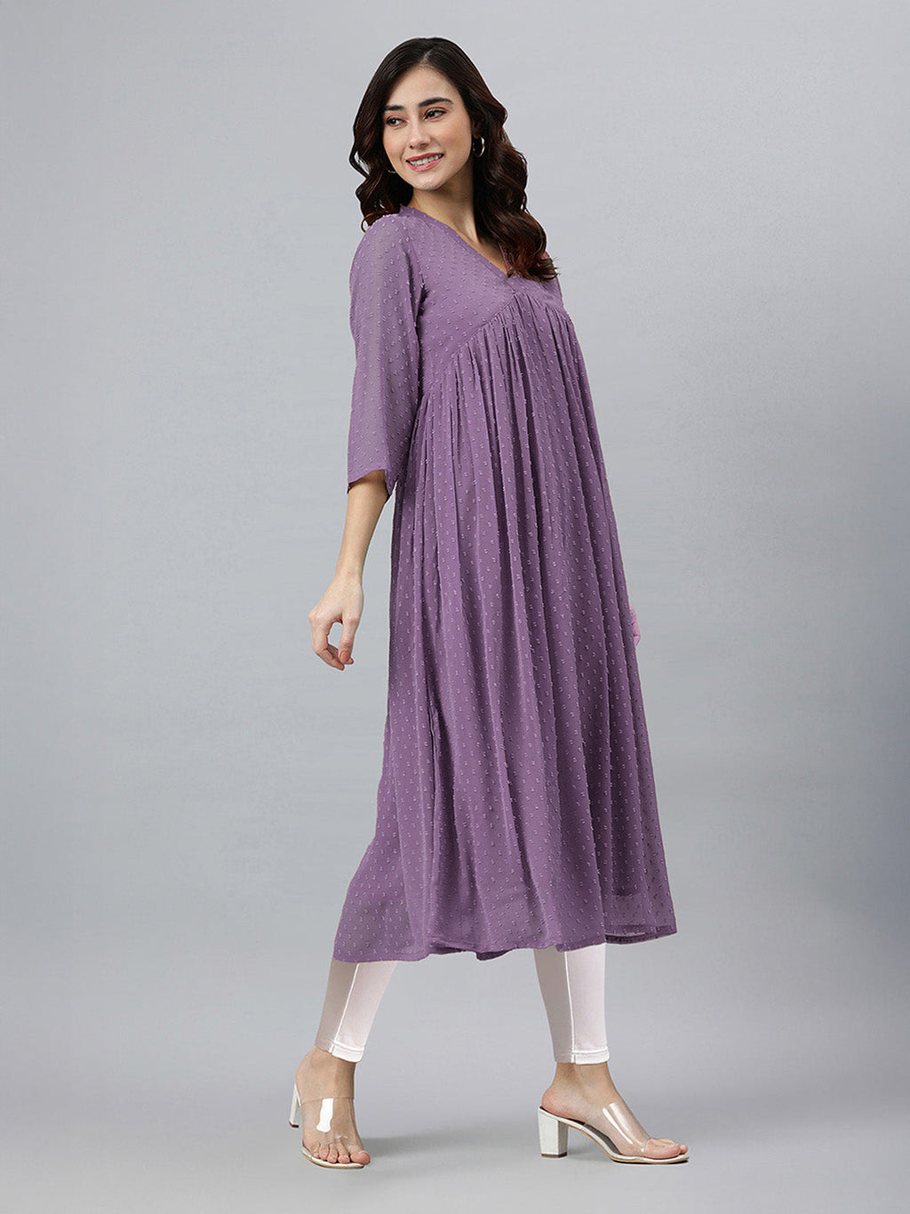 Janasya Lavender Flared Dobby Chiffon Kurta | Grocsy