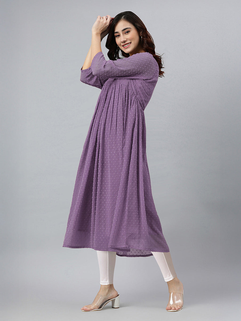 Janasya Lavender Flared Dobby Chiffon Kurta | Grocsy