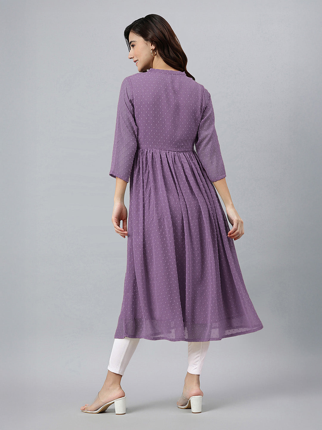 Janasya Lavender Flared Dobby Chiffon Kurta | Grocsy