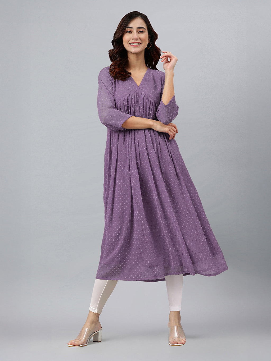 Janasya Lavender Flared Dobby Chiffon Kurta | Grocsy