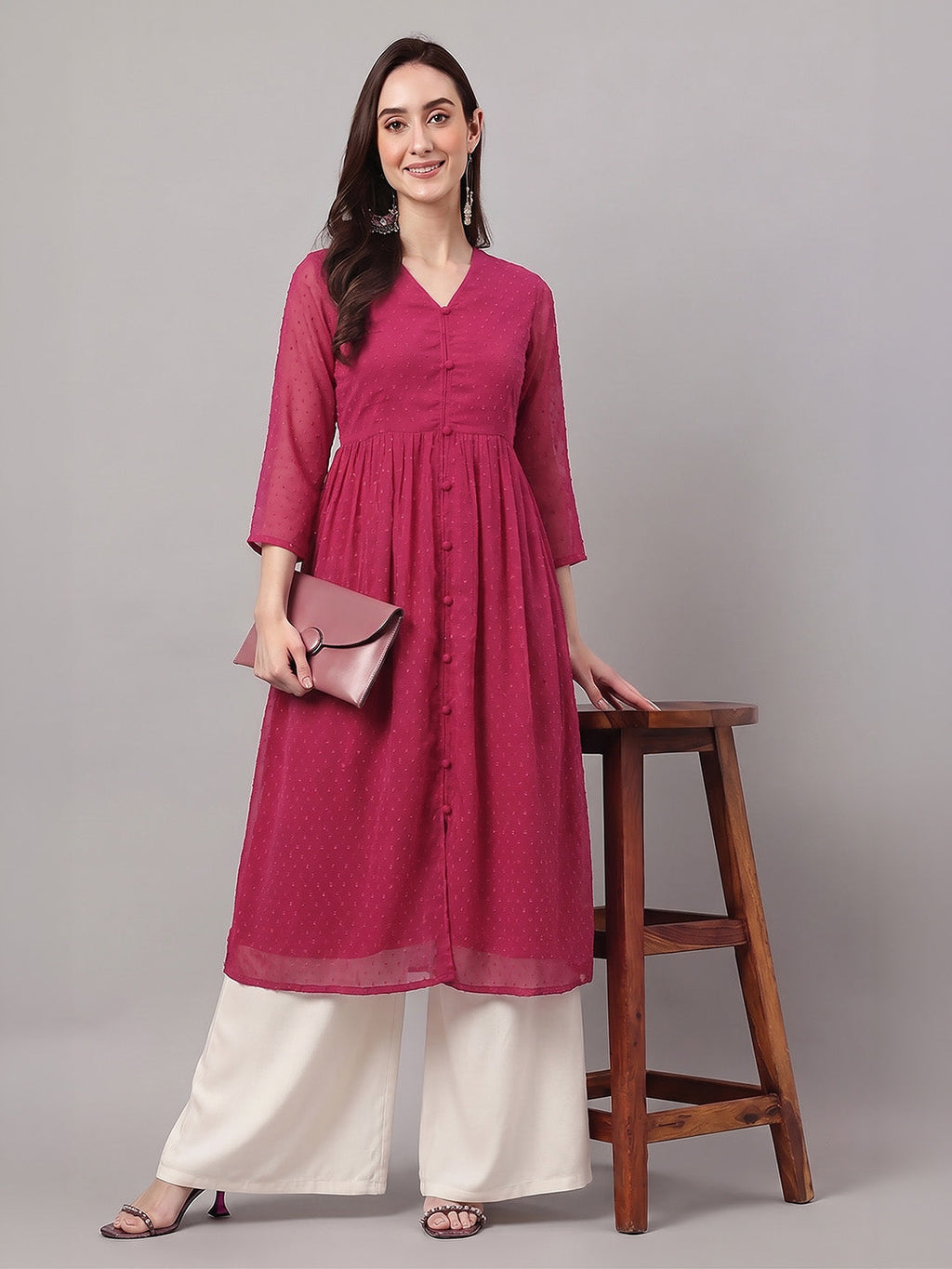 Janasya Pink A-Line Dobby Chiffon Kurta | Grocsy