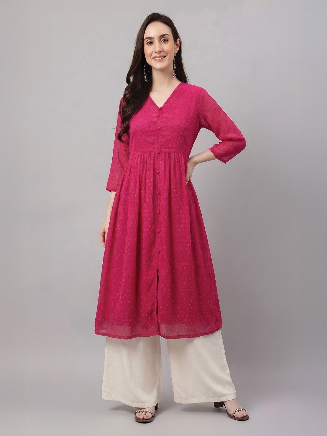 Janasya Pink A-Line Dobby Chiffon Kurta | Grocsy