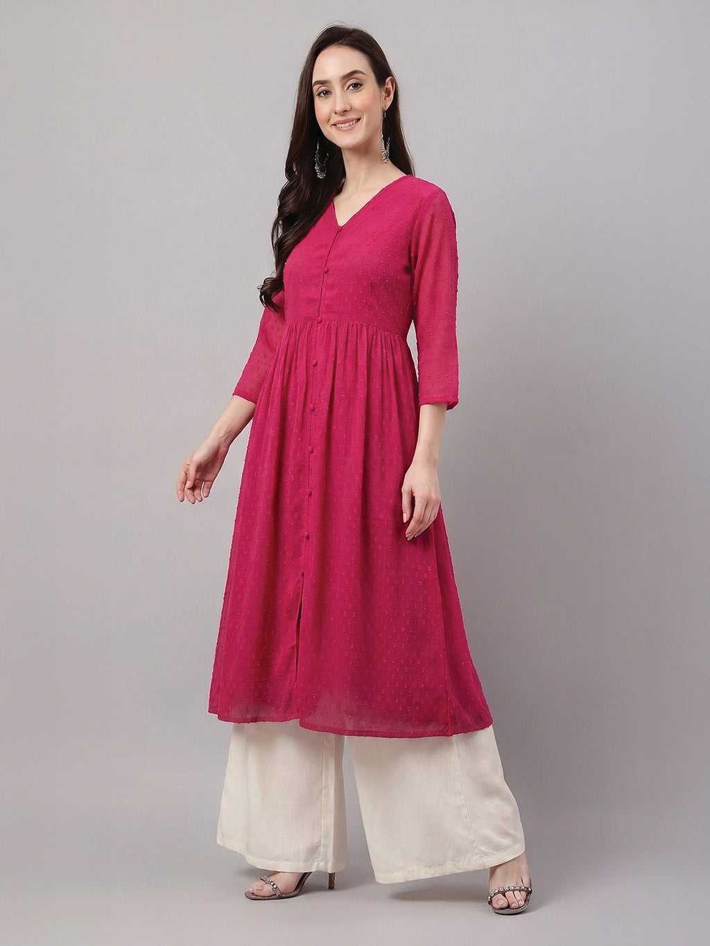 Janasya Pink A-Line Dobby Chiffon Kurta | Grocsy