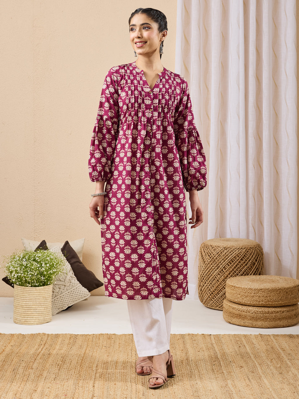 Janasya Purple Straight Cotton Kurta | Grocsy