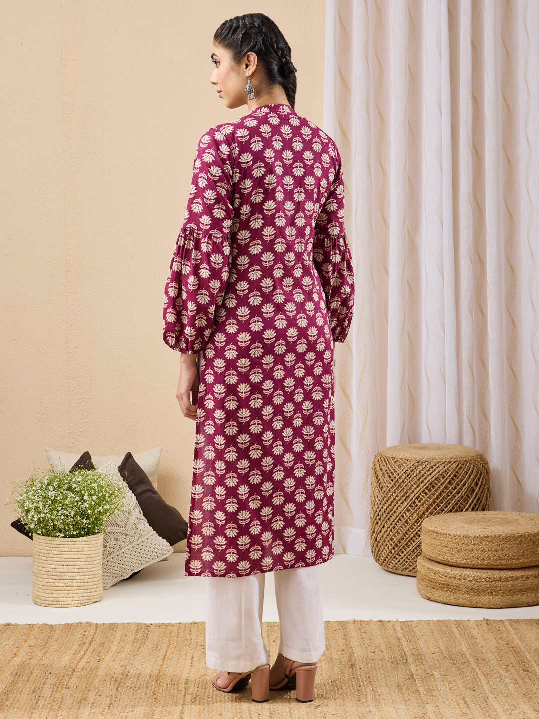 Janasya Purple Straight Cotton Kurta | Grocsy
