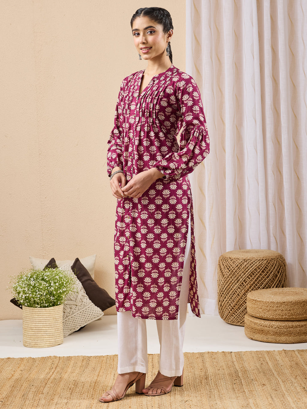 Janasya Purple Straight Cotton Kurta | Grocsy