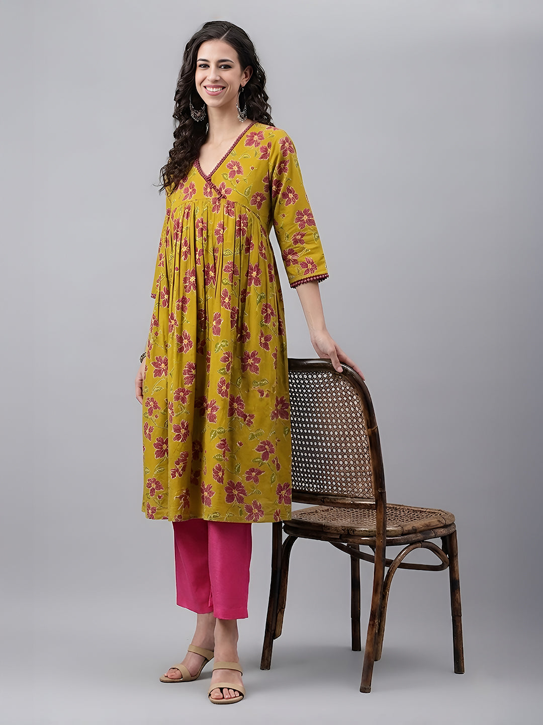 Janasya Mustard Gathered Cotton Kurta | Grocsy