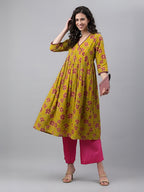 Janasya Mustard Gathered Cotton Kurta | Grocsy