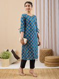 Janasya Navy Blue Straight Cotton Kurta | Grocsy