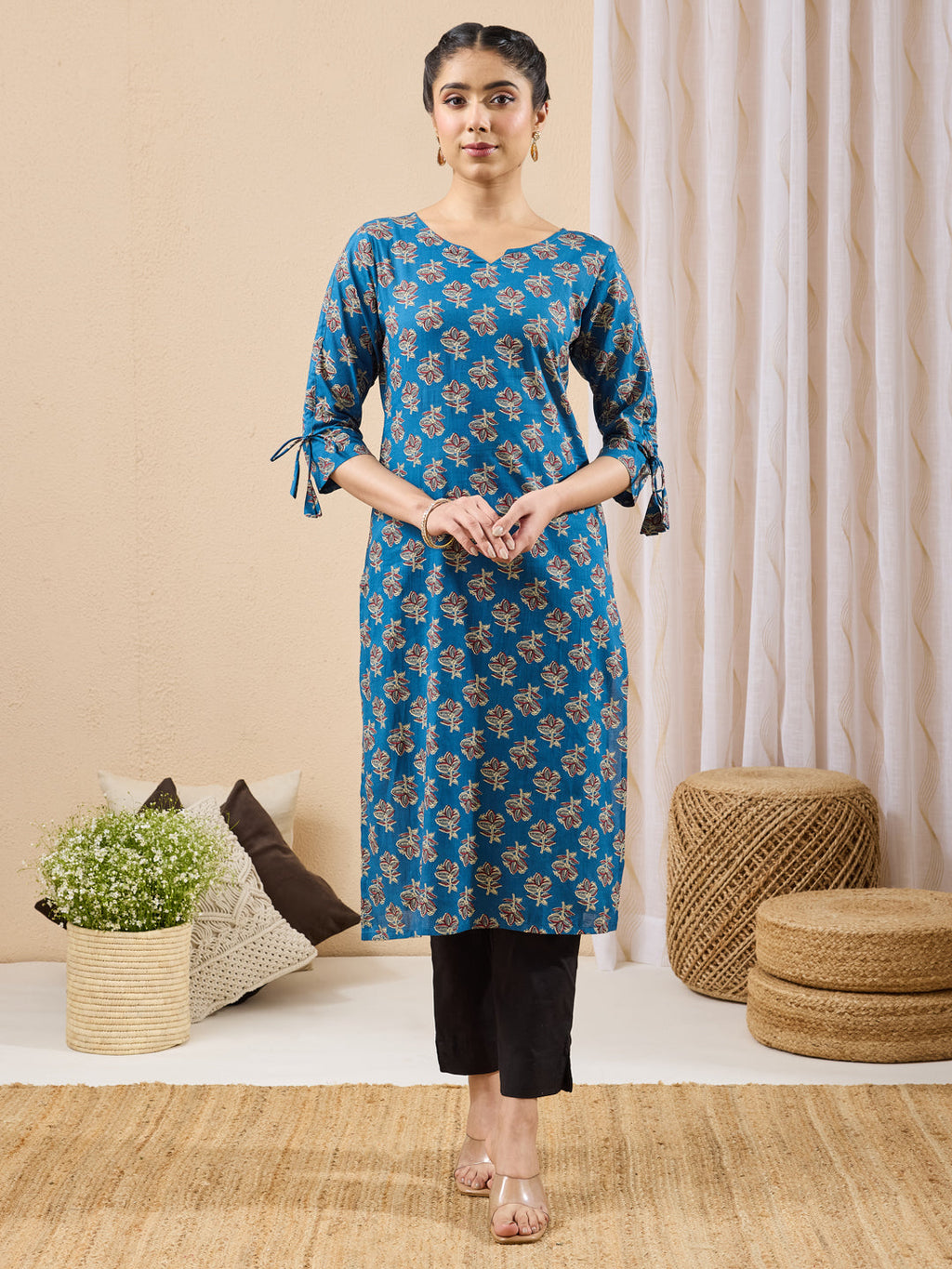 Janasya Navy Blue Straight Cotton Kurta | Grocsy