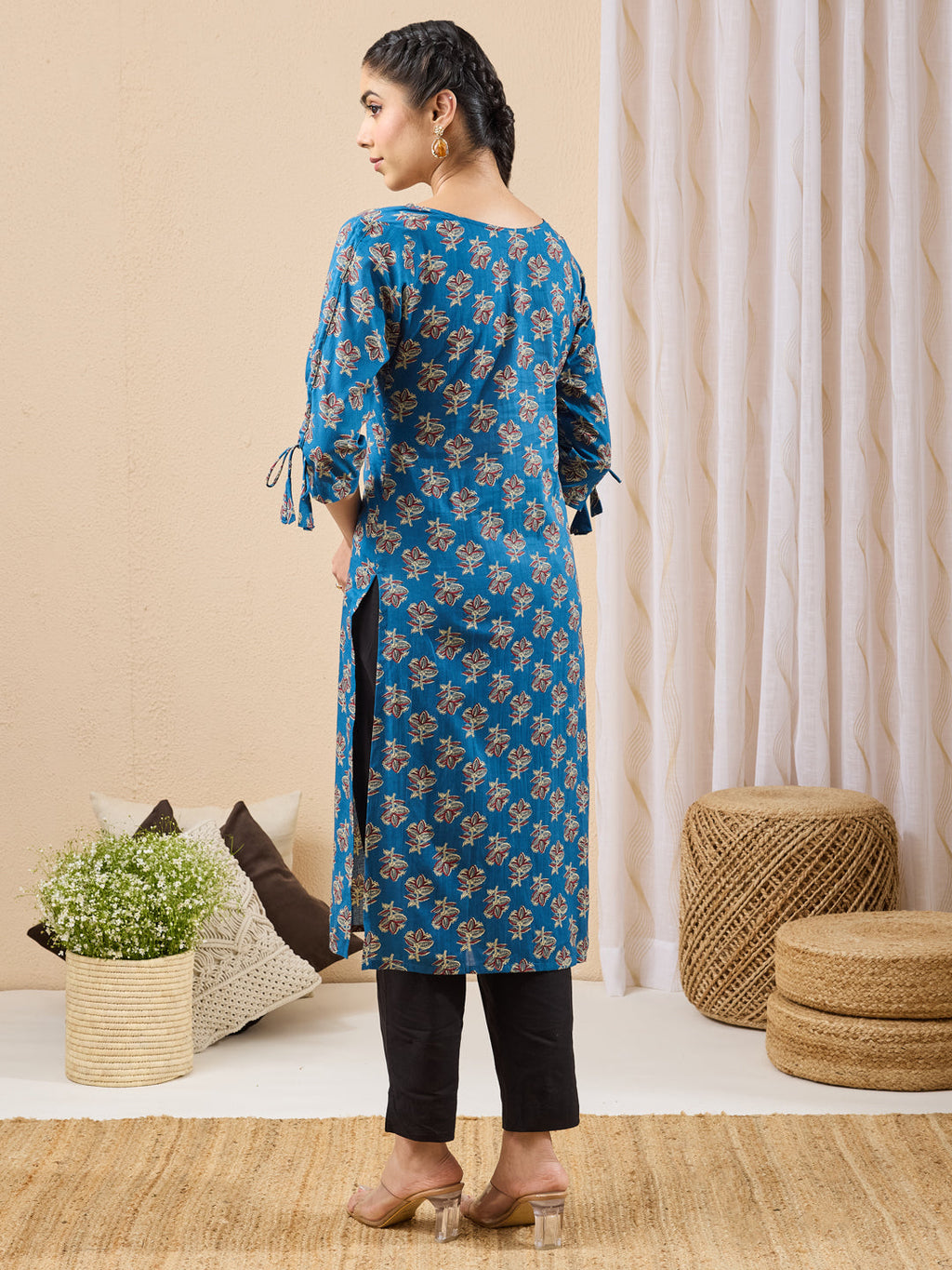 Janasya Navy Blue Straight Cotton Kurta | Grocsy