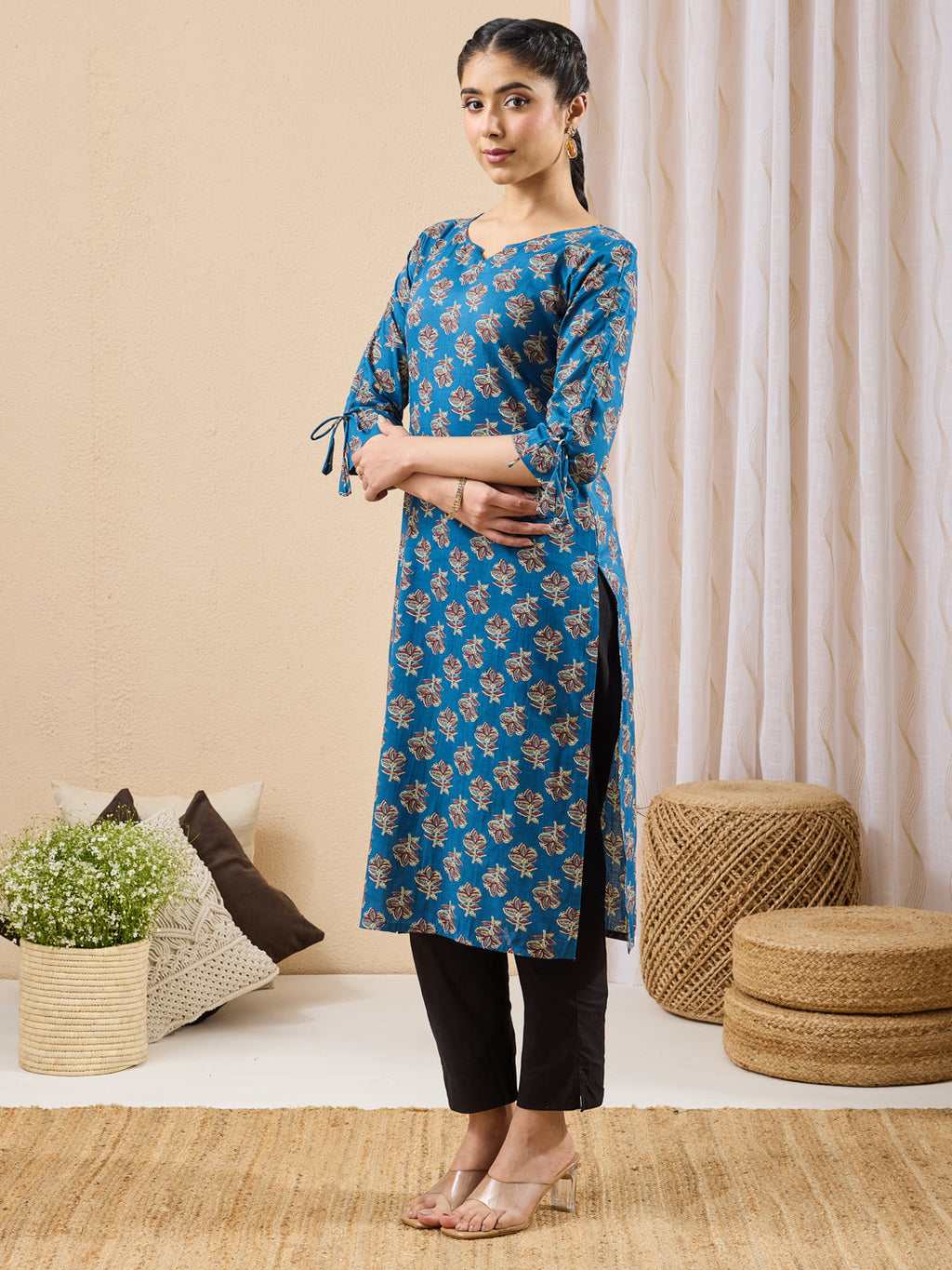 Janasya Navy Blue Straight Cotton Kurta | Grocsy