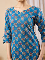 Janasya Navy Blue Straight Cotton Kurta | Grocsy