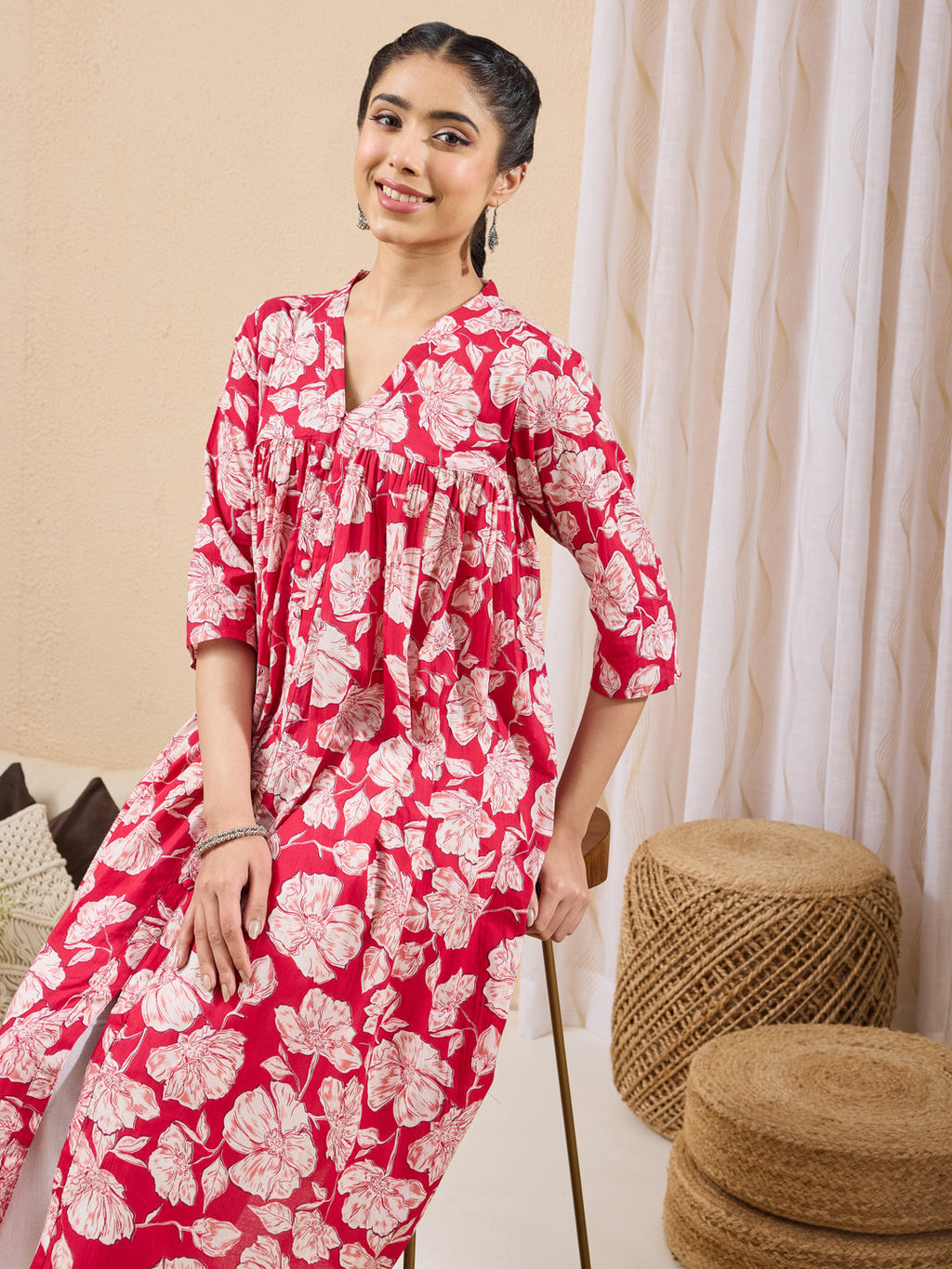 Janasya Pink A-Line Cotton Kurta | Grocsy