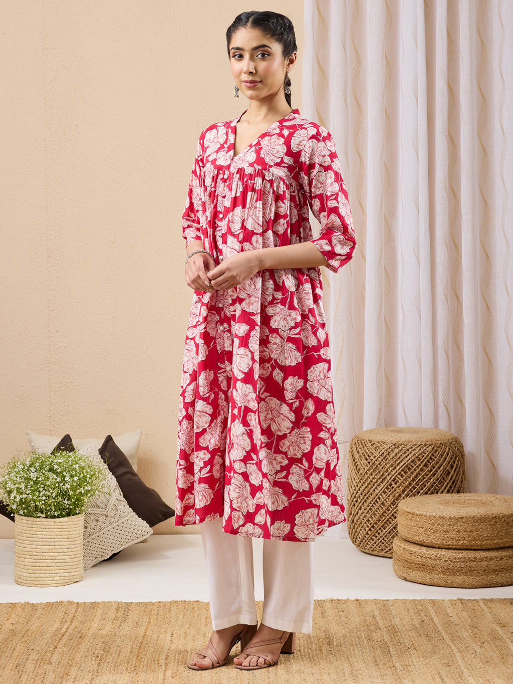 Janasya Pink A-Line Cotton Kurta | Grocsy
