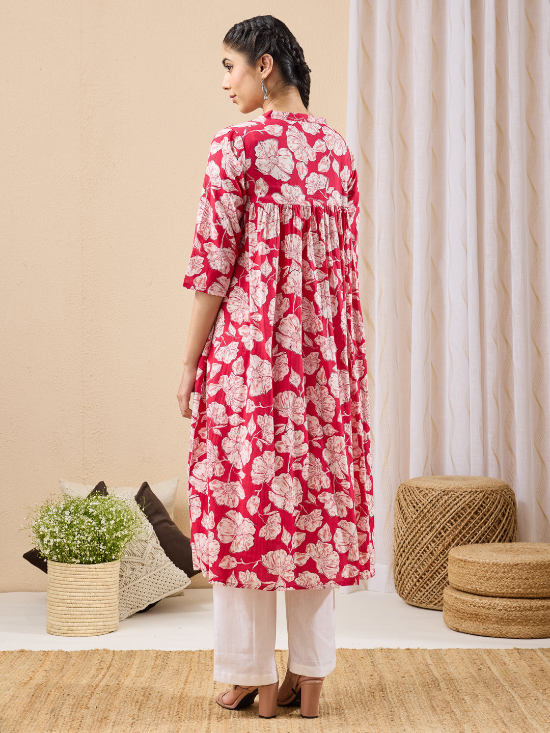 Janasya Pink A-Line Cotton Kurta | Grocsy