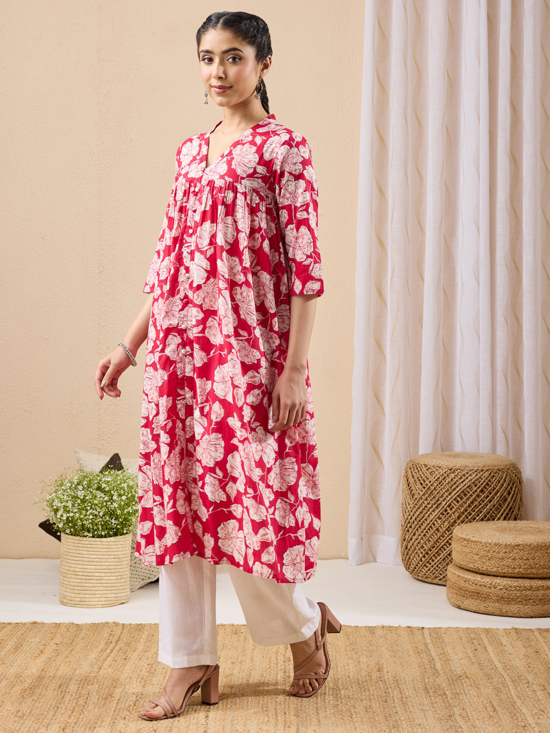 Janasya Pink A-Line Cotton Kurta | Grocsy