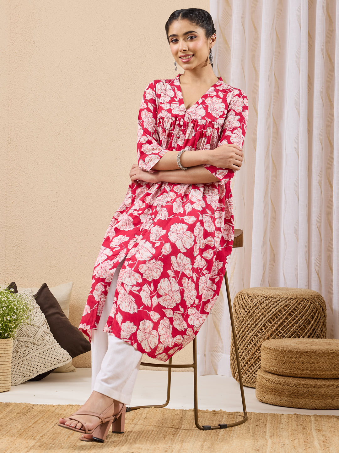 Janasya Pink A-Line Cotton Kurta | Grocsy