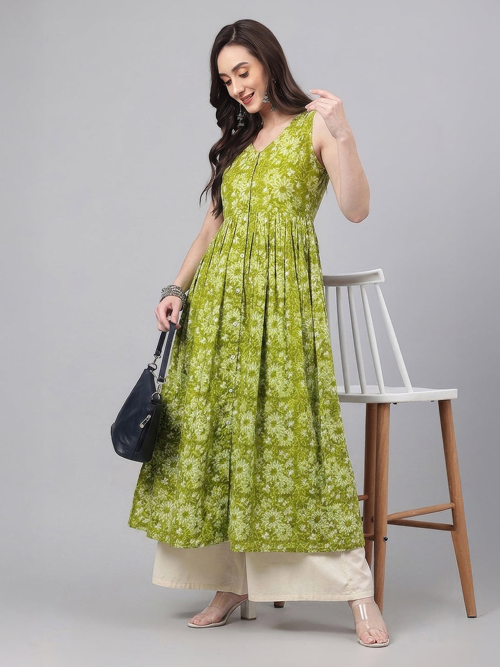 Janasya Olive A-Line Cotton Kurta | Grocsy