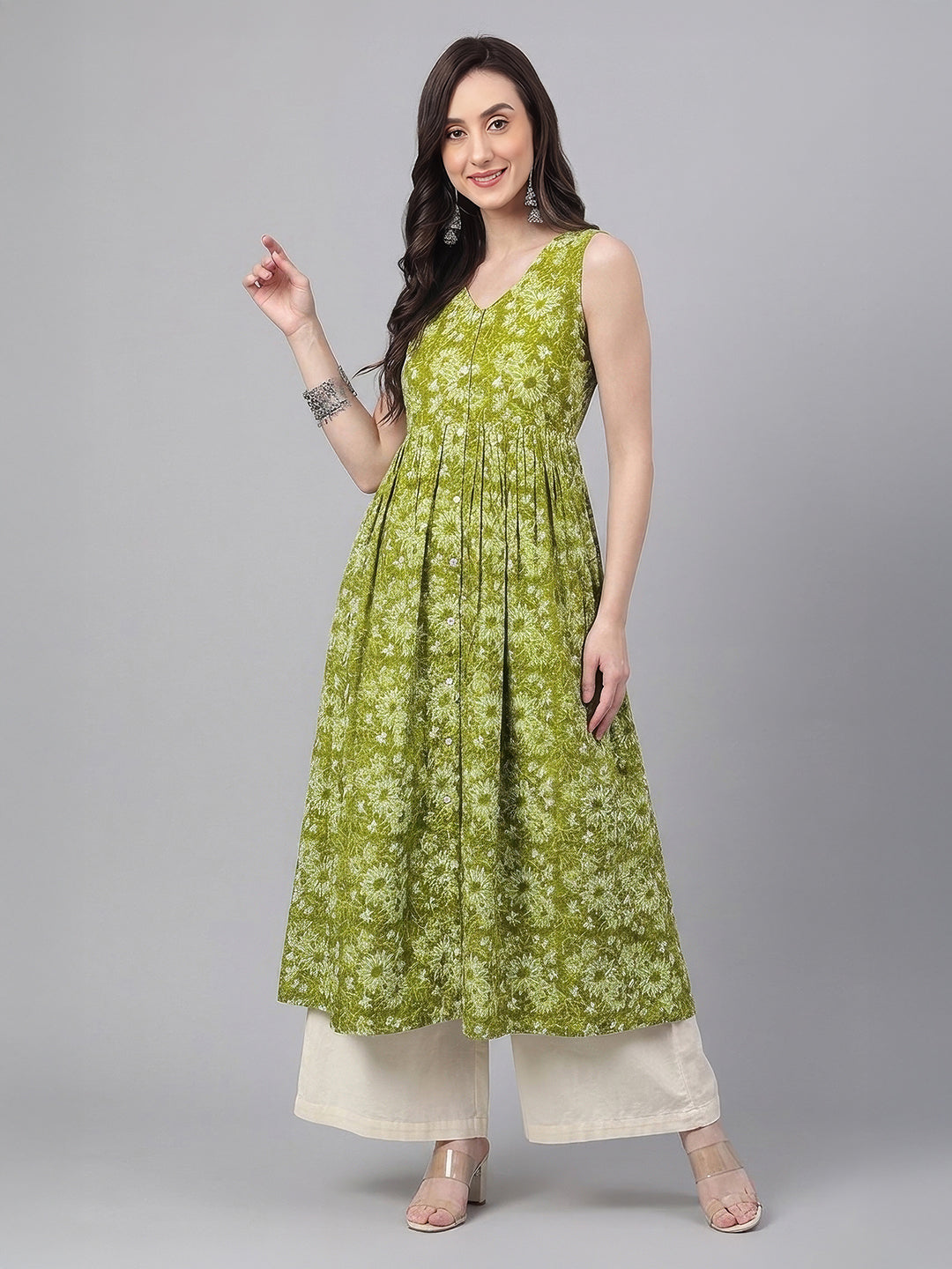 Janasya Olive A-Line Cotton Kurta | Grocsy