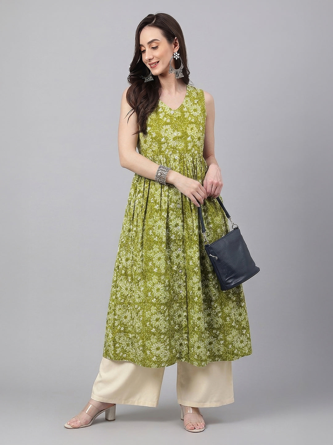 Janasya Olive A-Line Cotton Kurta | Grocsy