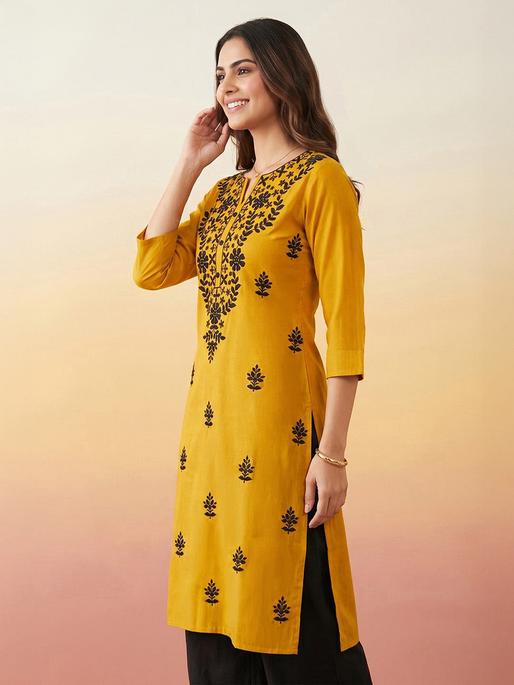 Janasya Mustard Straight Silk Blend Kurta | Grocsy