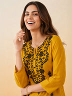 Janasya Mustard Straight Silk Blend Kurta | Grocsy