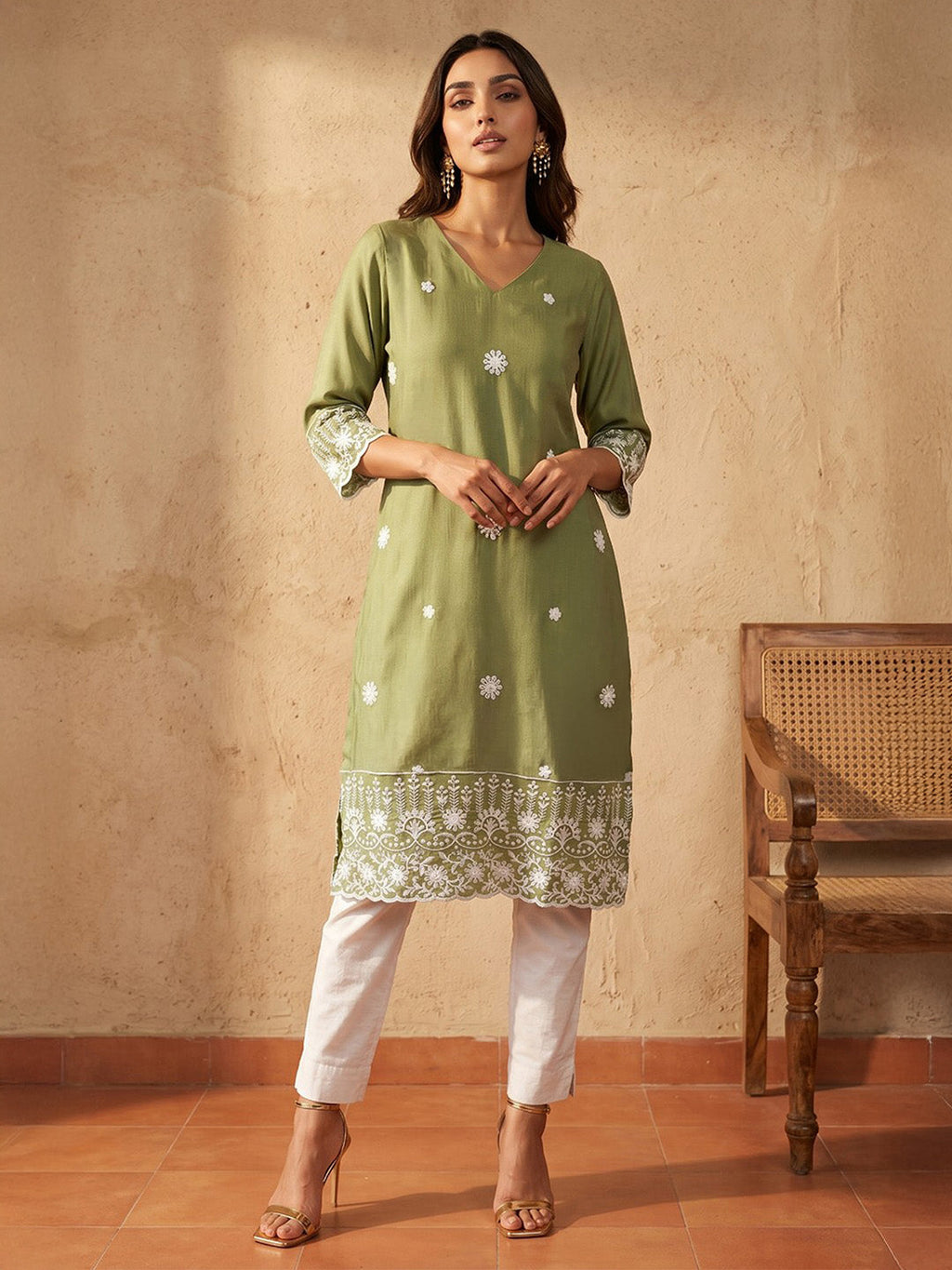 Janasya Sage Straight Silk Blend Kurta | Grocsy