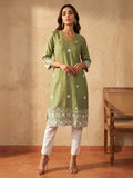 Janasya Sage Straight Silk Blend Kurta | Grocsy