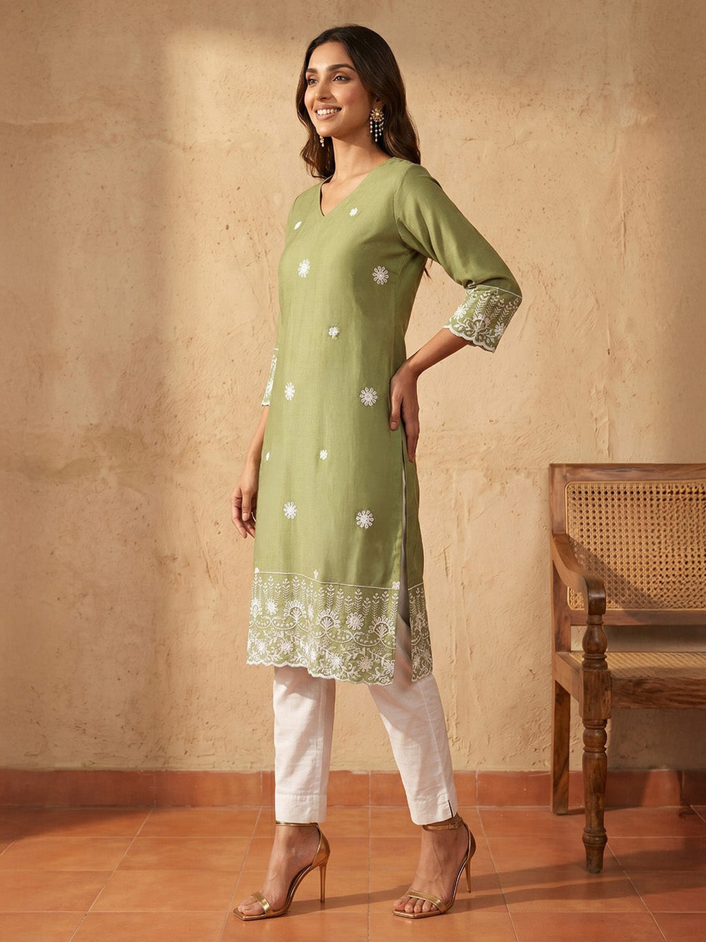 Janasya Sage Straight Silk Blend Kurta | Grocsy