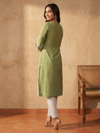 Janasya Sage Straight Silk Blend Kurta | Grocsy