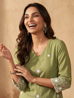 Janasya Sage Straight Silk Blend Kurta | Grocsy