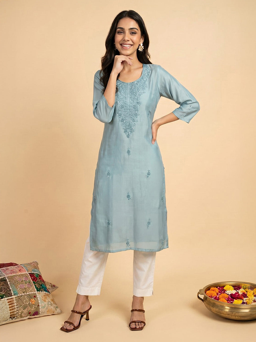 Janasya Blue Straight Silk Blend Kurta | Grocsy