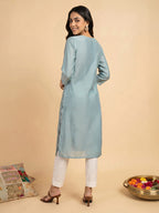 Janasya Blue Straight Silk Blend Kurta | Grocsy
