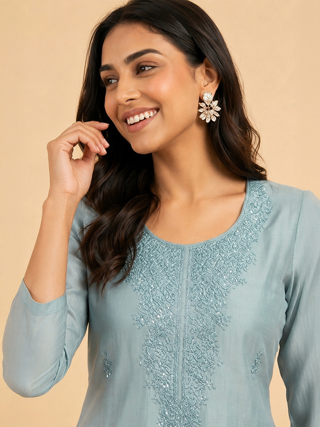 Janasya Blue Straight Silk Blend Kurta | Grocsy