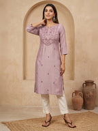 Janasya Lavender Straight Silk Blend Kurta | Grocsy
