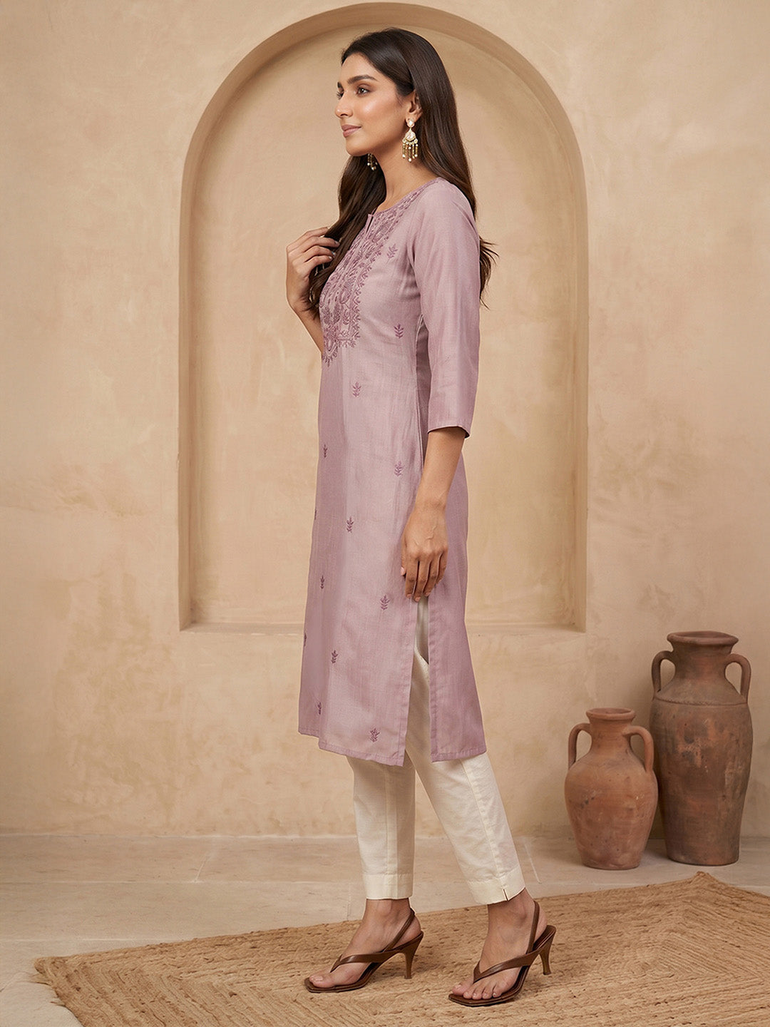 Janasya Lavender Straight Silk Blend Kurta | Grocsy